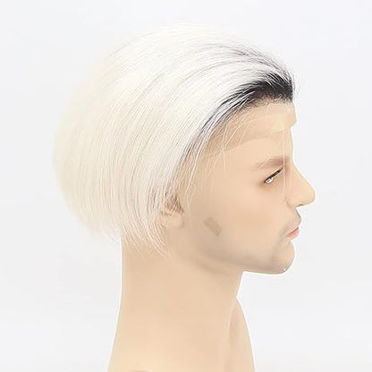 Mens Hair Replacement System 1B Off Black Rooted Ombre #60 Platinum Blonde Color Thin Skin French Lace Toupee For Men Human Hair
