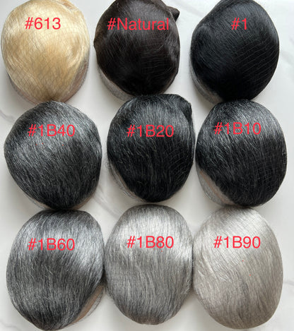 #1B60 Silver Grey Human Hair Toupee Wig Mens Replacement System Mono with PU around Base Wig Toupee
