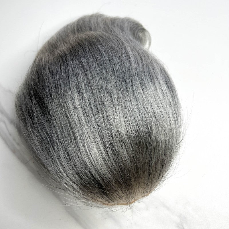 #1B60 Silver Grey Human Hair Toupee Wig Mens Replacement System Mono with PU around Base Wig Toupee
