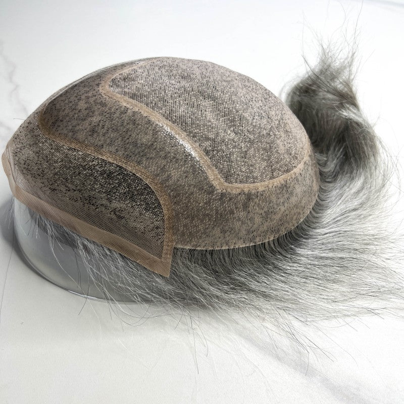 #1B60 Silver Grey Human Hair Toupee Wig Mens Replacement System Mono with PU around Base Wig Toupee