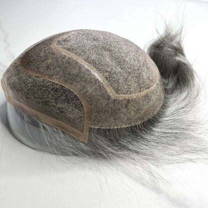 #1B60 Silver Grey Human Hair Toupee Wig Mens Replacement System Mono with PU around Base Wig Toupee