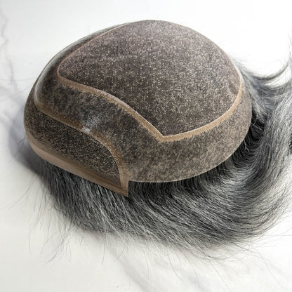 #1B60 Silver Grey Human Hair Toupee Wig Mens Replacement System Mono with PU around Base Wig Toupee