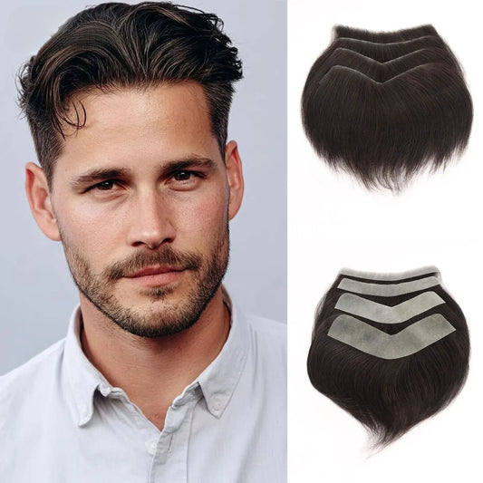 Dark Brown Human Hair Toupee Men Forehead Hairpiece Patch V Looped Invisible Seamless