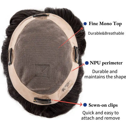 Men’s Clip-On Hairpieces for Thinning Hair designed with Fine Mono and PU Perimeter