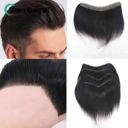 Dark Brown Human Hair Toupee Men Forehead Hairpiece Patch V Looped Invisible Seamless