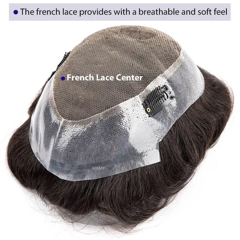 Toupee With Clips French Lace & PU Base Clip-On Men's Wigs Replacement Natural Human Hair Systems