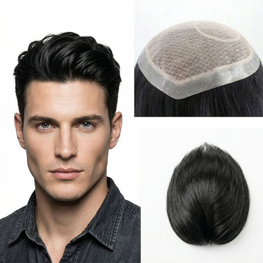 Ultra-Natural Men’s Hair System: Breathable Lace with Injected Silk Crown & Easy-Tape PU Perimeter
