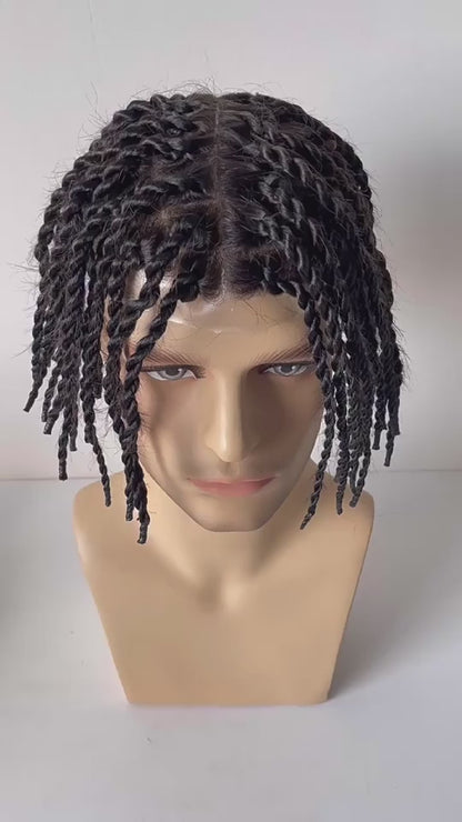 Afro Kinky Twist Crochet Braids Hair for Men Full PU Poly Thin Skin Hair Piece Mens Wig