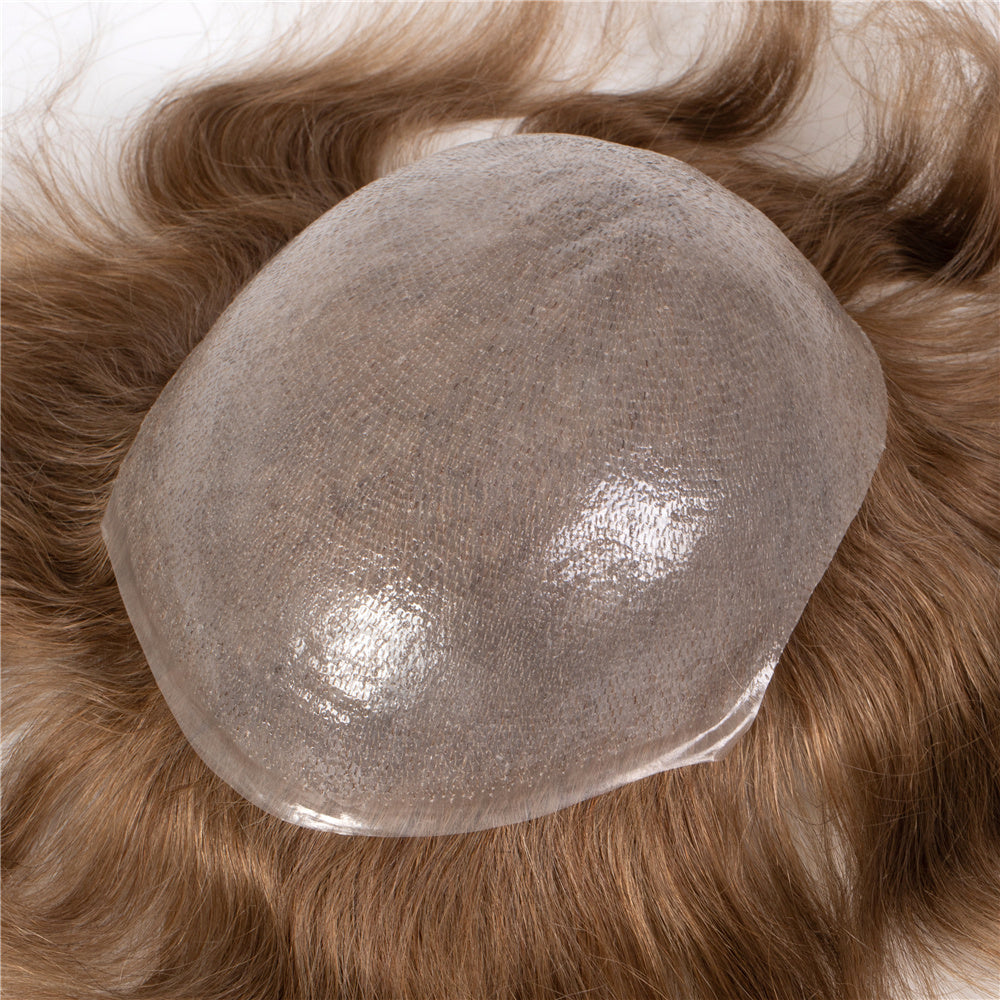 0.03mm Ultra-thin Skin Human Hair Mens Hairpiece #18 Brown Blonde V-looped 8x10 Inch