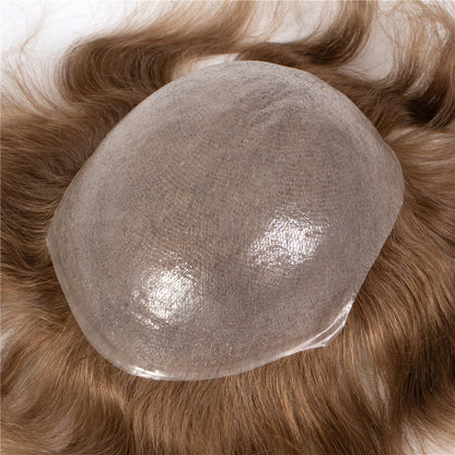 0.03mm Ultra-thin Skin Human Hair Mens Hairpiece #18 Brown Blonde V-looped 8x10 Inch